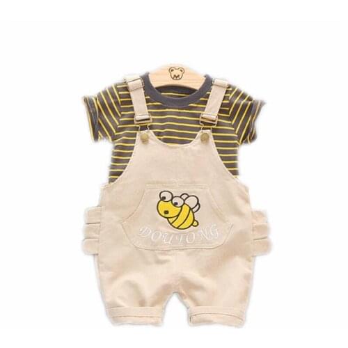 Summer Baby Girls Boys Clothing Sets Infant Clothes Suits Stripe T Shirt Strap Cartoon Embroidery Shorts Kids Children Costume