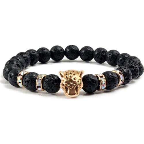 Natural Stone Men Bracelet Charm Matte Black Lava Beads Leopard Head Crystal Strand Bracelets Women Lucky Bangles Male Jewelry