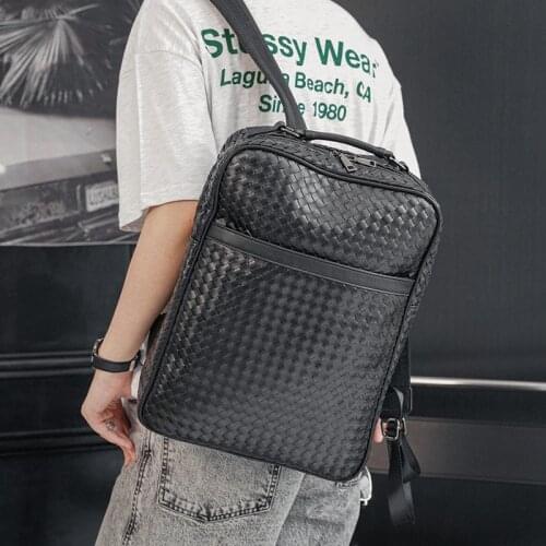 New Fashion Woven Design Men Backpack Teens Student Laptop Schoolbag Outdoor Knitting Leather PU Travel Backbag Handbag Trendy