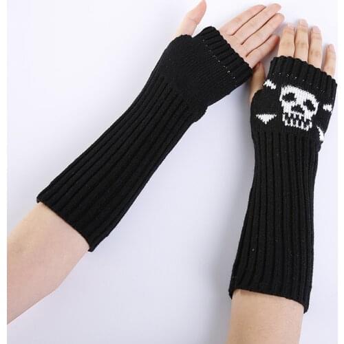 Sexy Skull Mittens Winter Warm Thicken Jacquard Punk Wool Knit Arm Sleeve Female Fingerless Touch Screen Driving Gloves L43L