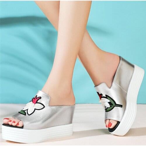 Women Cow Leather Wedges High Heel Slippers Female Open Toe Gladiator Sandals Platform Pumps Shoes Summer Flower Casual Shoes