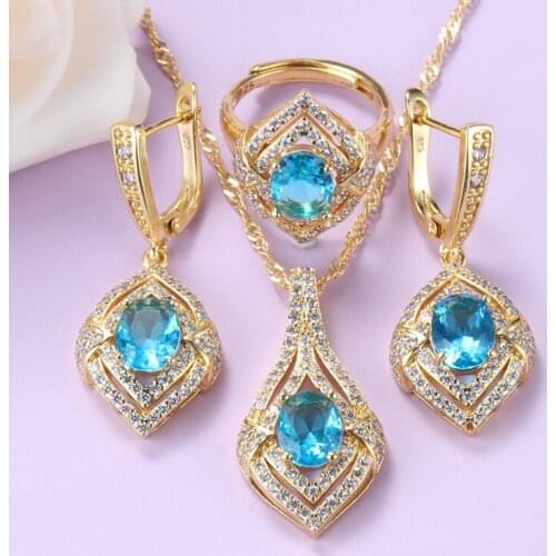 Earrings And Necklace Jewelry Sets For Women Gold-Color Sky Blue Zircon Wedding-Engagement Trendy Costume African Jewelry