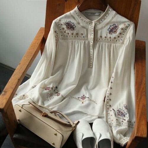SURUFENG Chic Button Embroidery Floral Shirt Stand Collar All-Match Femme Blusas Lantern Sleeve Women Loose Blouses 3XL