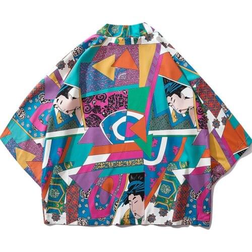Japanese Kimono Cardigan Clothing Color Block Patchwork Yukata Haori Men Jacket Womens Ukiyoe Kimono Shirt Traditional Thin Robe