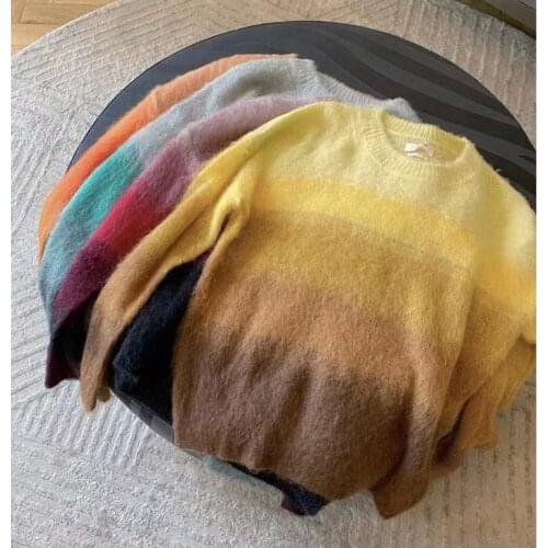 Colorful Woman Striped Mohair Wool Blend Sweater Long Sleeves Fashion Drop shoulder Oversized KNITTED Jumper