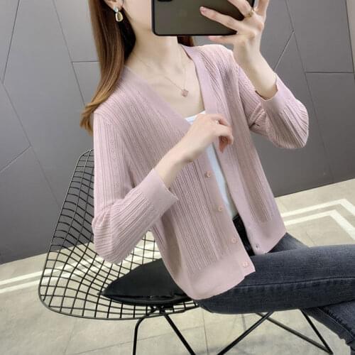Women 2021 Summer Fashion Ice Silk Knitted Cardigan Coats Female V-neck Short Shirts Ladies New Thin Sunscreen Blouses W146