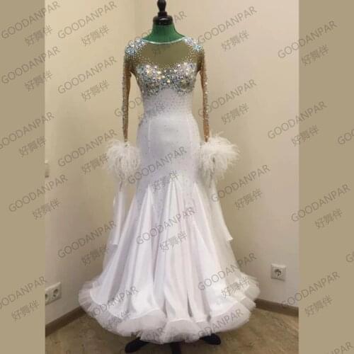 Ballroom dance dress for women ballroom dance competition dresses Long Sleeve standard dress white dancing clothes feathers