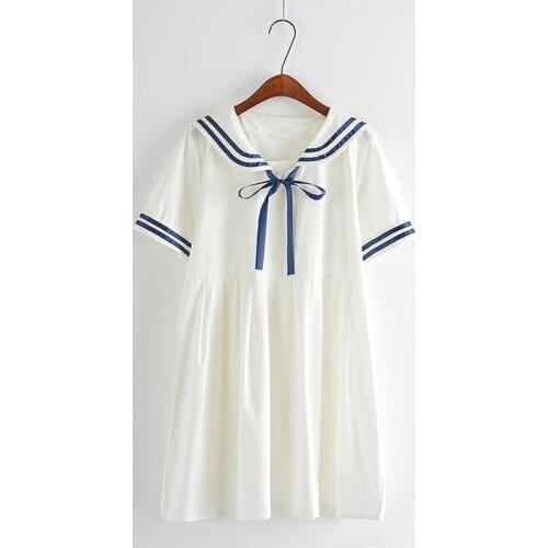 Summer new Women Japanese Sen female line navy wind bow College Wind sweet short-sleeved dress for girls