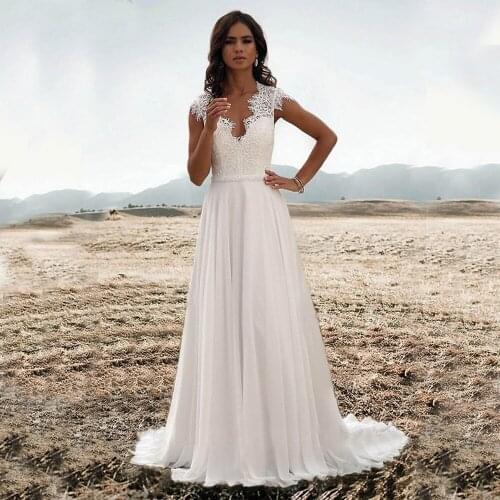 2020 summer Chiffon A Line Wedding Dresses Sleeveless Sexy Lace Bride Dresses V Neck Vestido de novia Boho Wedding Gown