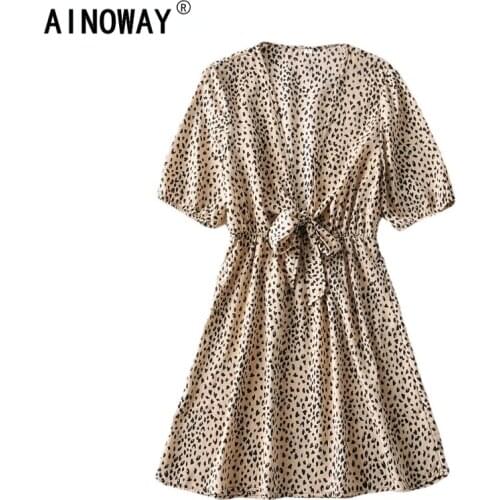 Vintage chic women leopard print V-neck beach Bohemian mini dress ladies Bow sashes short sleeve boho sundress