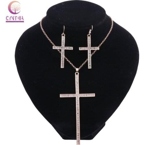 Gold Color Cross Pendant Necklace Earrings Jewelry Women Wedding Fashion Crystal Pendant Necklace Set