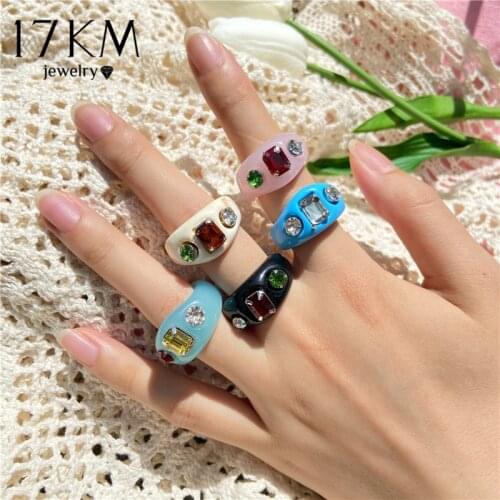 17KM Korean Geometric Square Rhinestone Transparent Acrylic Resin Rings For Women Rainbow Color Toy Ring Party Jewelry Gifts