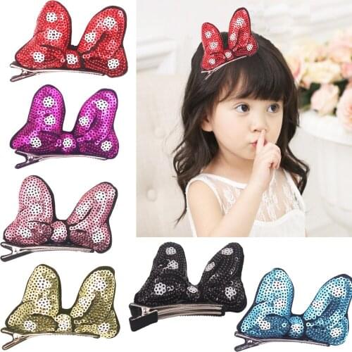 Boutique Hair Bling Sparkly Sequins Ribbon hair clips Cute Rabbit Ears Bunny Style for Party Girls Kids Children Hair Clips