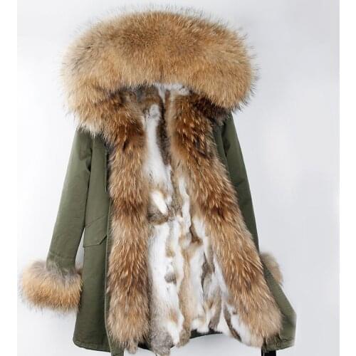 7XL Women Parkas Rabbit Fur Lining Hooded Long Coat Detachable Outwear Army Green Large Raccoon Fur Collar Winter Warm Jacket