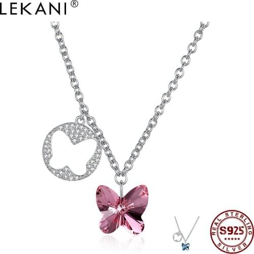 LEKANI 925 Sterling Silver Pendant Necklaces For Women Butterfly Round Romantic Austria Crystal Female Necklace New Arrival