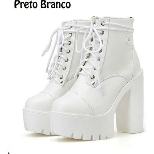 PRETO BRANCO 2021 Srping 13cm Heels Womens Boots Winter Ankle Boots Thick Stage Heel Boots Winter Black Boots Winter Boots JXQ