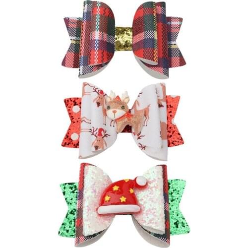 CN 3" Leather Christmas Hair Bows For Girls Animal Hair Clips With Christmas Hat Hairpins Christmas Hair Accessories