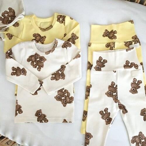 8899 Baby Set Cartoon Bear Suit 2021 Autumn Korean Lovely Full Printed Bear Home Clothes Girl Boys 3 Piece Set Top+Pant+Hat