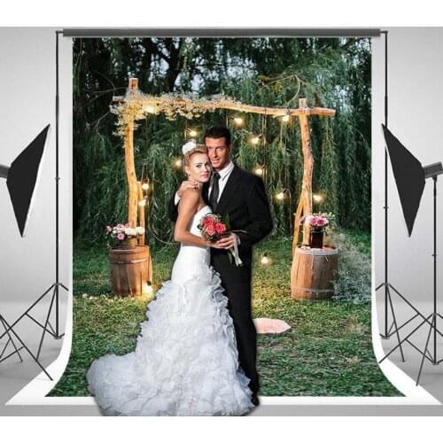 Photo Backdrop Green Spring Tree Lights Garland Gate Romantic Grass Wedding Ceremony Custom Background Photography Studio Decor