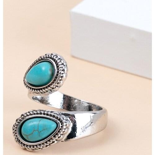 FYSL Silver Plated Spiral Water Drop Green Turquoises Stone Resizable Open Finger Ring Trendy Jewelry