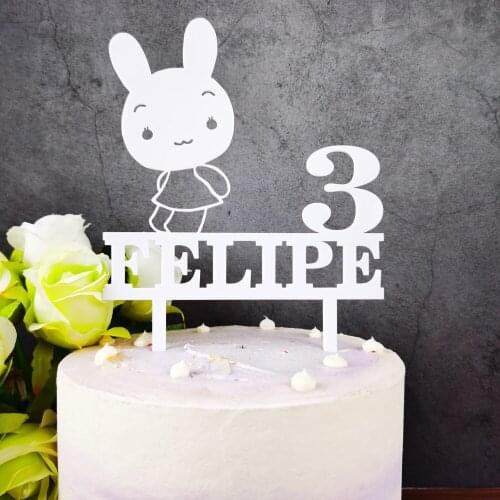 Custom name&age Happy Birthday Cake Topper, Personalized rabbit Birthday Cake Topper,Cute bunnies cake Party Decor Supplies