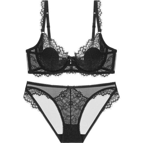 Bra sets lingerie Sexy mesh openwork lingerie set transparent langerie cojunto bows gather women underwear plus size