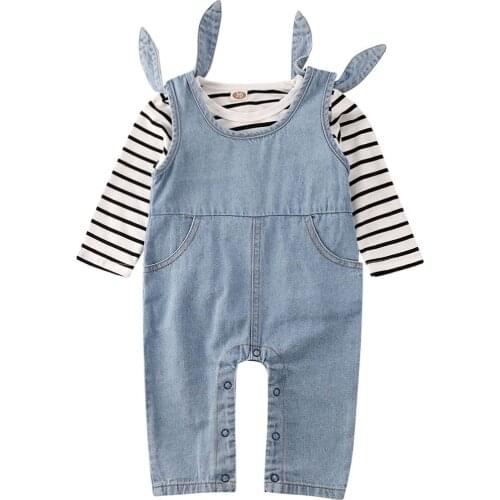 Newborn Toddler Baby Boy Girl Clothes Sets Long Sleeve Striped Cotton Tops Denim Bib Pants Outfits Set 0-18M