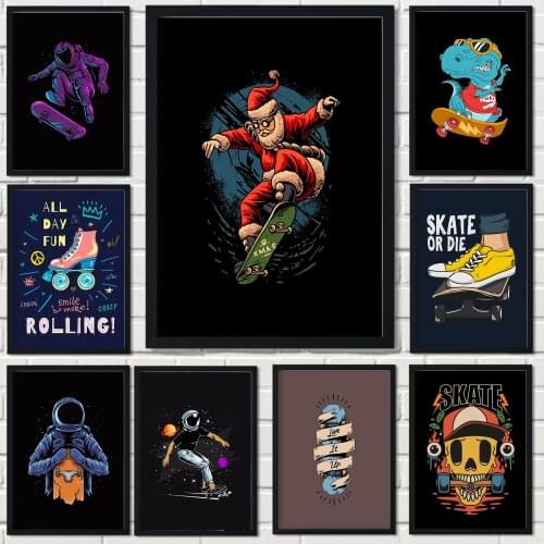 Space Skateboard Poster Cartoon Christmas Dinosaur Wall Art Canvas Painting Nordic Posters Prints Wall Pictures Room Decoration