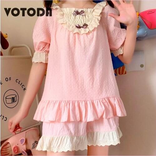 Summer Cotton Woman Pjamas Set Cute Lolita Sleepwear Shorts Suit Lace Bow Nightie Girl Sweet Vintage Home Clothes Women Clothing