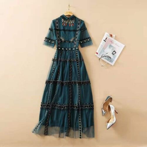 Runway Fashion Blue Women Short Sleeve Flower Embroidery Mesh Elegant Party Holiday Long Dress