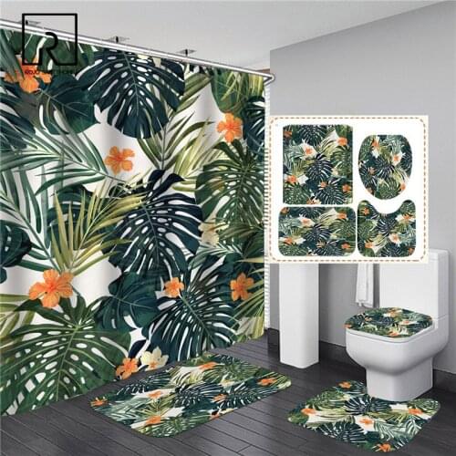Green Leaves and Flowers Printed Shower Curtain Set Toilet Polyester Cover Non-slip Mat Bathroom Lid Carpet Fashion Home Decor