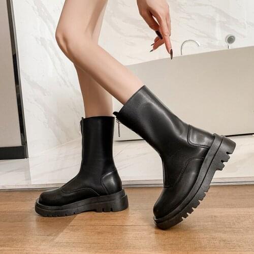 New Chelsea Boots Chunky Boots Women Winter Shoes PU Leather Ankle Boots Black Female Autumn Fashion Platform Booties