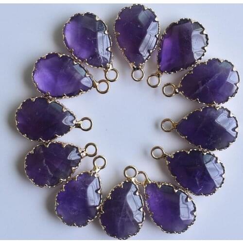 Wholesale 12pcs/lot New Natural amethysts section water drop shape gold color Connector pendants for jewelry making free