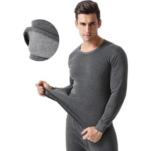Autumn&Winter Hot Style Men Solid Round Collar Thermal Underwear Set with Warm Wool and Thick Thermal Clothing Long Johns