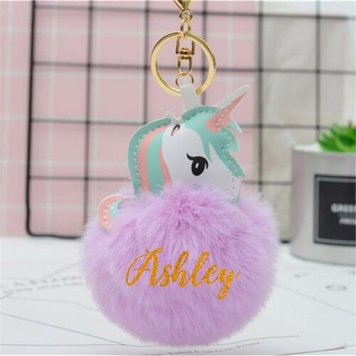 Personalized Name Pompom Unicorn Key Chain Fake Rabbit fur Women Bag Car Keyring Unique Custom Party Gifts Pom Poms Key Chains