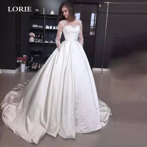 LORIE A Line Satin Wedding Dress Long Sleeve Lace Bride Dress Buttons Back Vestido de novia Wedding Gowns