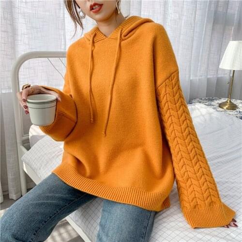 Womens Hooded Twist Knitted Pullover 2021 Spring Autumn Fashion Korean Casual Long Sleeve Solid Color Female Sweaters Tops M387