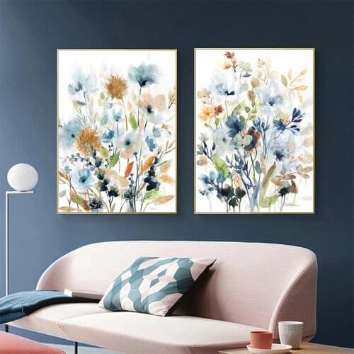 Mixed Colors Watercolor Flowers Leaves Plants Canvas Painting Wall Art Pictures Posters and Prints Living Room Home Decoration