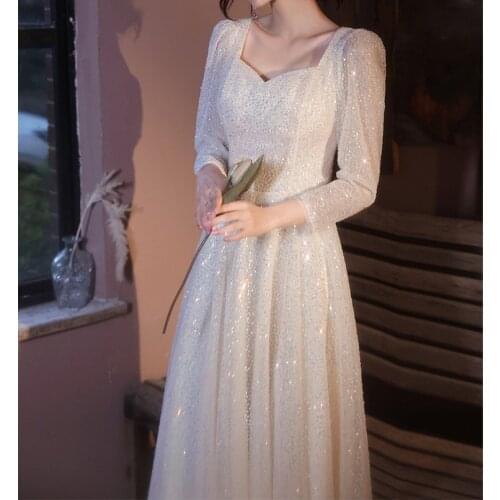 Luxury Elegant Evening Dresses Square Collar Long Sleeves A- Line Shining Sequins Banquet Prom Cocktail Party Gowns Custom New