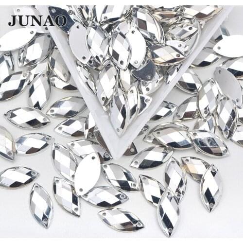 JUNAO 7x15mm SewIng Silver Rhinestone Sewn Horse Eye Stones and Crystal Applique Flat Back Strass Diamond For Clothes Needlework