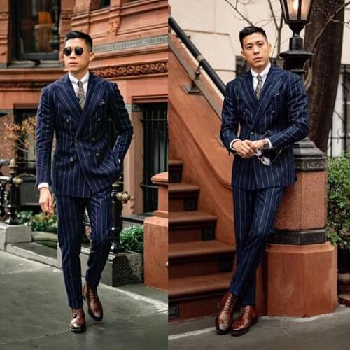 Navy Striped Mens Wedding Tuxedos Double Breasted Slim Fit Wear Business Party Prom Best Men Blazer Suit(Jacket+Pants)