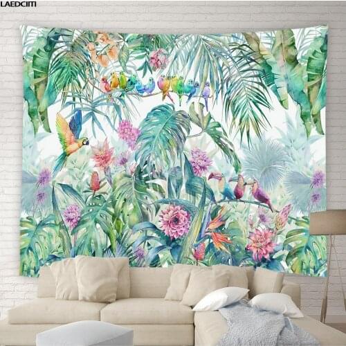 Tropical Plant Scenery Tapestry Bohemian Flowers Parrot Animal Watercolor Art Wall Hanging Cloth Living Room Bedroom Home Decor