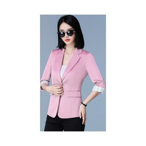 2021 Korean Fashion Women Short Blazers And Jackets Seven Sleevework Wear Pink Plus Size 4xl Outerwear Elegant Ladies Coats