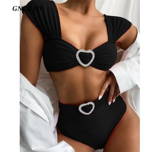 GNIM High Waist Swimsuit Women Two Pieces Solid Bikini Mujer 2020 Summer Swimwear Push Up High Cut Swimming Suit For Women New