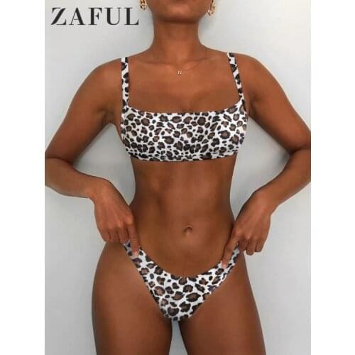 ZAFUL Sexy Leopard Print Ribbed Bikinis Set Women Padded Low Waist 2 Pieces Swimsuit Summer Beach Female Swimwear Bathing Suit