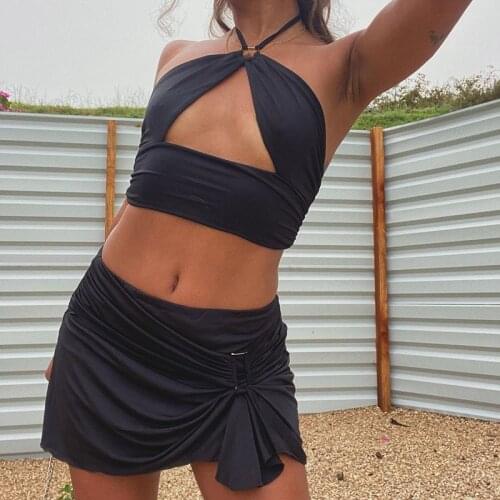 Sexy Cute Two Piece Short Sets for Women Summer 2021 Nightclub Outfit Hollow Out Halter Crop Top and Mini Skirt