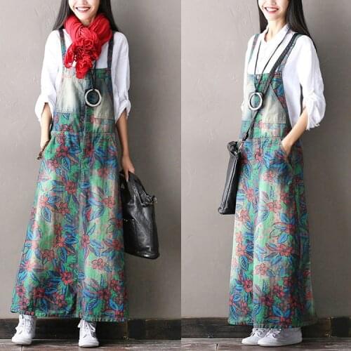 2016 female new autumn Inkjet casual fashion denim braces loose personality full dress