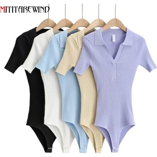 Spring Summer One Piece Bodysuit Women Solid Color Polo Collar Short Sleeve T Shirt Knitted Fitness Rompers Women Jumpsuits