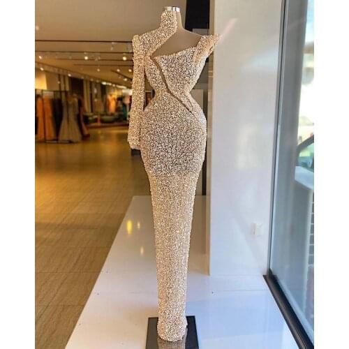 2021 Arabic Champagne Prom Dresses Luxury Beading Sequined High Neck Long Sleeve Women Plus Size Formal Evening Gowns