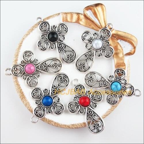 6 New Cross Charms Tibetan Silver Tone Retro Flower Mixed Acrylic Pendants 31x47.5mm